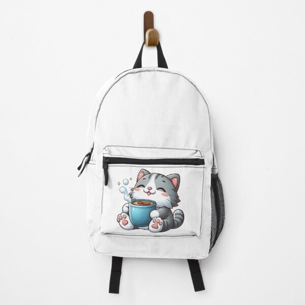 Item preview, Happy Grey Cat with Hot Coffee – Cute Kawaii Kitten Cafe Art designed and sold by Lulunza.