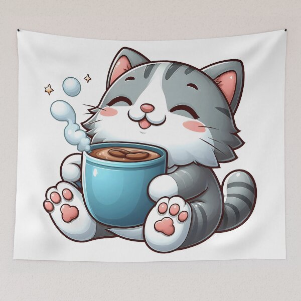 Item preview, Happy Grey Cat with Hot Coffee – Cute Kawaii Kitten Cafe Art designed and sold by Lulunza.