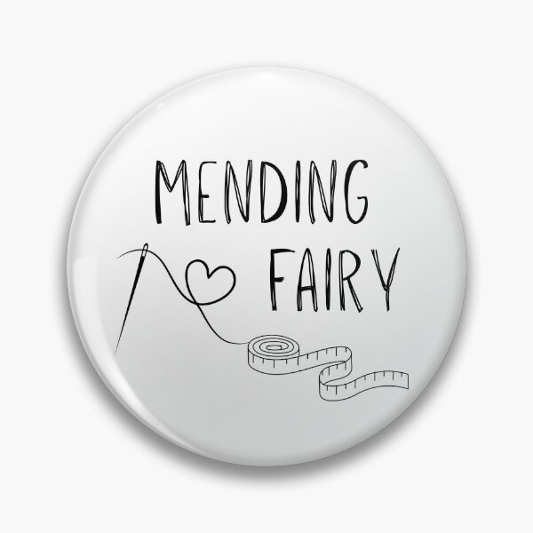 Item preview, Mending Fairy Text with needle, tape measure and heart. Black and white image designed and sold by TikkiMakes.