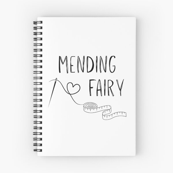Item preview, Mending Fairy Text with needle, tape measure and heart. Black and white image designed and sold by TikkiMakes.