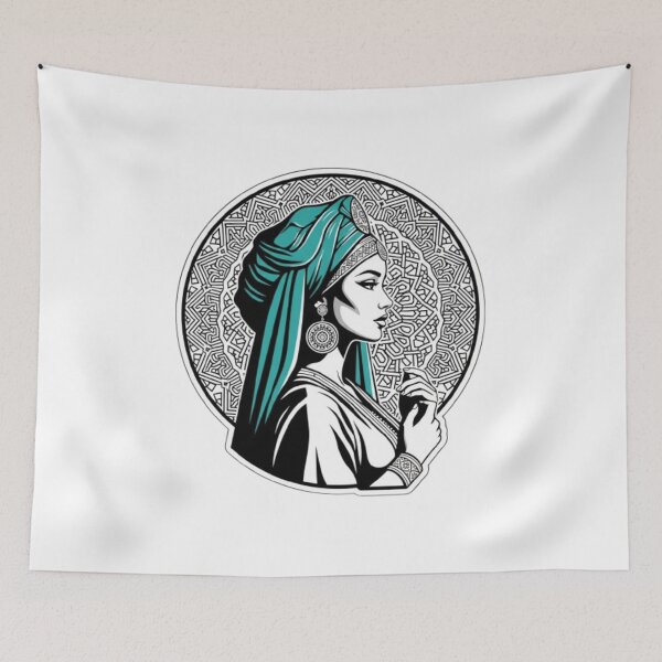 Item preview, Moroccan Woman Portrait with Teal Turban and Islamic Geometric Pattern | Elegant Oriental Queen Art designed and sold by Zouak.
