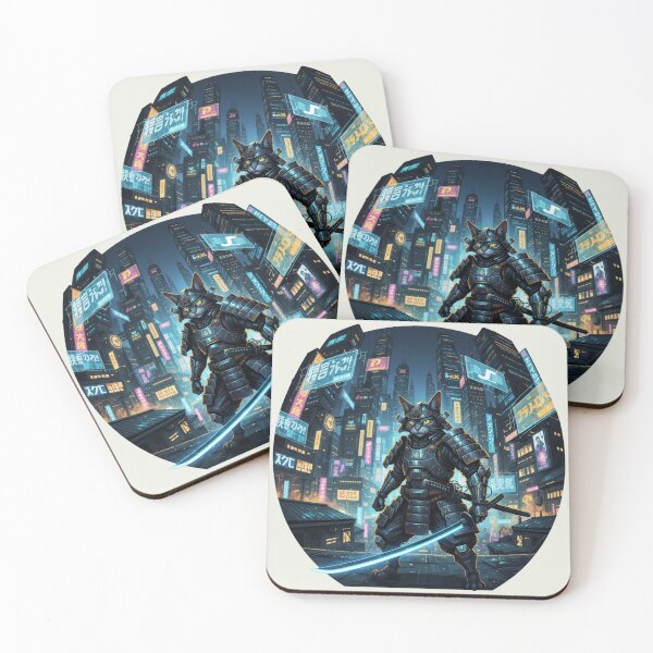 Item preview, Cyber Samurai Cat in Neon City designed and sold by SoftgroveStudio.