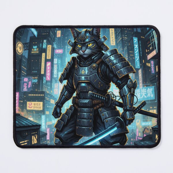 Item preview, Cyber Samurai Cat in Neon City designed and sold by SoftgroveStudio.