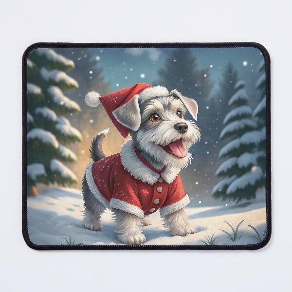 Item preview, Happy Miniature Schnauzer Puppy in Santa Suit Standing in Snowy Winter Forest designed and sold by skibreck.