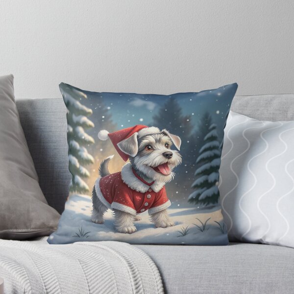 Item preview, Happy Miniature Schnauzer Puppy in Santa Suit Standing in Snowy Winter Forest designed and sold by skibreck.
