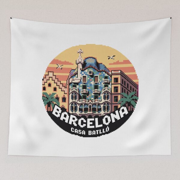 Item preview, Barcelona Casa Batlló Pixel Art Sunset - Retro Architecture Illustration designed and sold by CircinusStore.