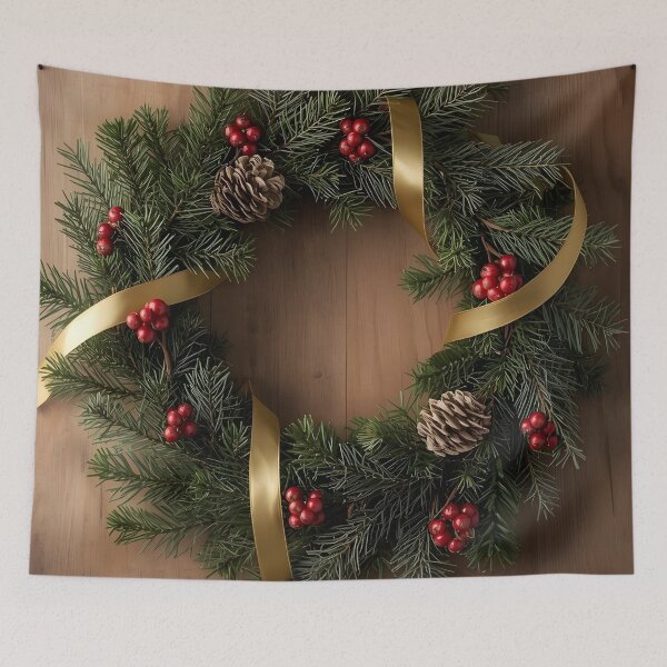 Item preview, Elegant Christmas Wreath – Pine, Red Berries & Gold Ribbon designed and sold by Valeree Store.