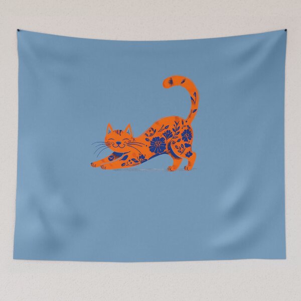 Item preview, Orange Cat with Blue Floral Pattern designed and sold by StarDustMinis.