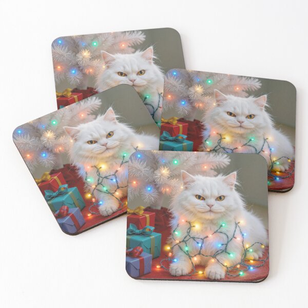 Item preview, White Persian Cat Tangled In Glowing Holiday Lights designed and sold by Maria Dryfhout.