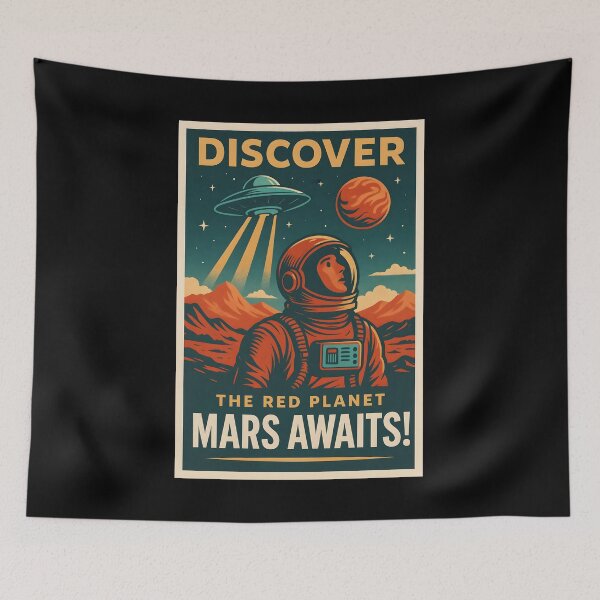 Item preview, Discover Mars Retro Sci Fi Poster with Astronaut and UFO. designed and sold by The-T-In-Retro.