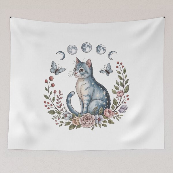 Item preview, Mystical Siamese Lunar Cat Flowers Whimsical Botanical Wreath designed and sold by chattsuede.