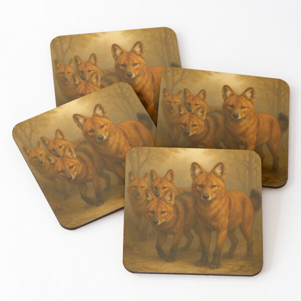 Item preview, Dhole Pack – Asiatic Wild Dogs in Forest Mist Wildlife Art designed and sold by GeoWild Designs.