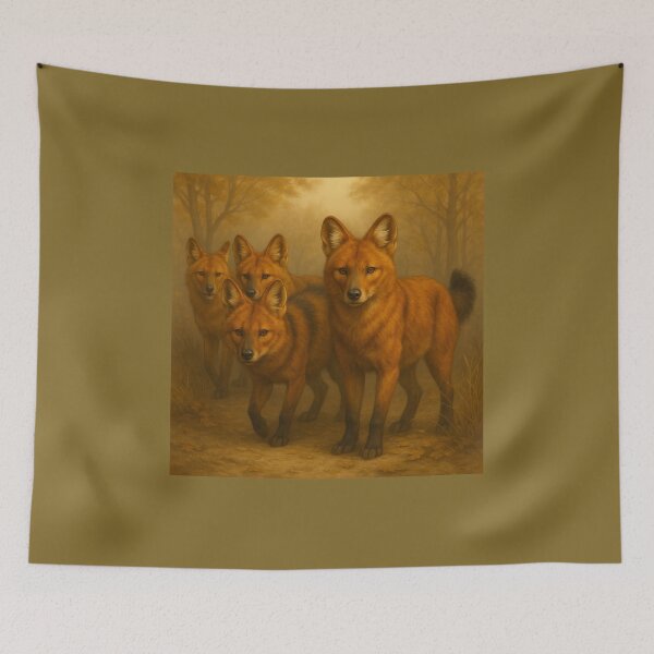 Item preview, Dhole Pack – Asiatic Wild Dogs in Forest Mist Wildlife Art designed and sold by GeoWild Designs.
