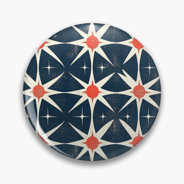 Item preview, Mid-Century Geometric Pattern – Atomic Age Retro: Sputnik's Modernity – Stars Pattern Design with Red-Centered Starbursts, Curved Triangles & White Stars on Deep Blue designed and sold by The Print Parlor.