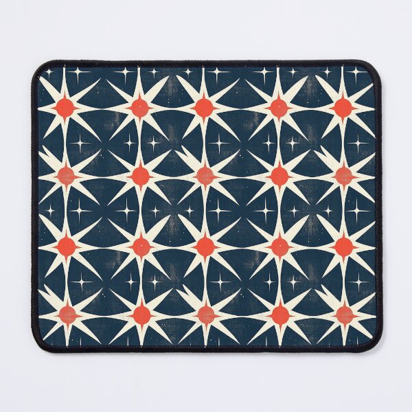 Item preview, Mid-Century Geometric Pattern – Atomic Age Retro: Sputnik's Modernity – Stars Pattern Design with Red-Centered Starbursts, Curved Triangles & White Stars on Deep Blue designed and sold by The Print Parlor.