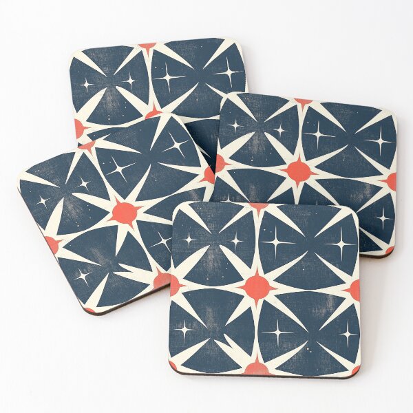 Item preview, Mid-Century Geometric Pattern – Atomic Age Retro: Sputnik's Modernity – Stars Pattern Design with Red-Centered Starbursts, Curved Triangles & White Stars on Deep Blue designed and sold by The Print Parlor.