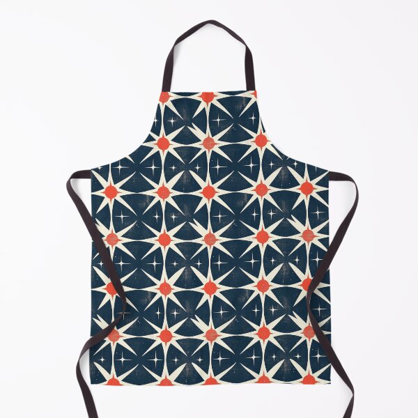 Item preview, Mid-Century Geometric Pattern – Atomic Age Retro: Sputnik's Modernity – Stars Pattern Design with Red-Centered Starbursts, Curved Triangles & White Stars on Deep Blue designed and sold by The Print Parlor.