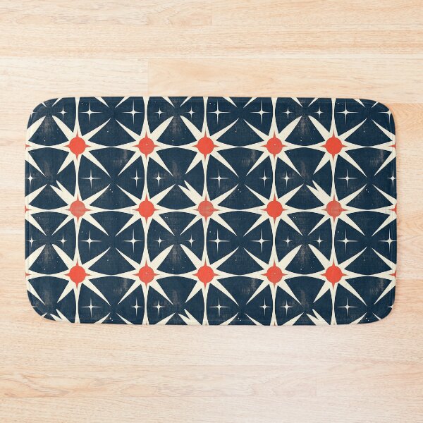 Item preview, Mid-Century Geometric Pattern – Atomic Age Retro: Sputnik's Modernity – Stars Pattern Design with Red-Centered Starbursts, Curved Triangles & White Stars on Deep Blue designed and sold by The Print Parlor.