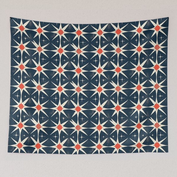 Item preview, Mid-Century Geometric Pattern – Atomic Age Retro: Sputnik's Modernity – Stars Pattern Design with Red-Centered Starbursts, Curved Triangles & White Stars on Deep Blue designed and sold by The Print Parlor.