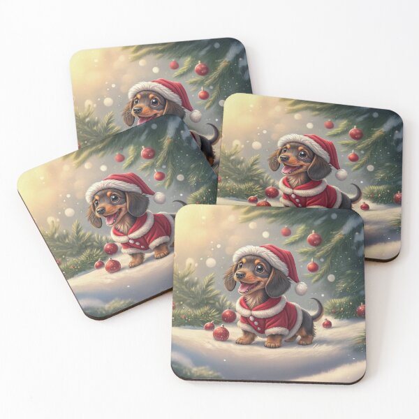 Item preview, Adorable Long-Haired Dachshund Puppy in Santa Suit with Christmas Ornaments in Snow designed and sold by skibreck.