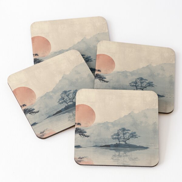 Item preview, Wabi sabi and japandi style inspired faded rustic nature with red sun designed and sold by filigreedigital.