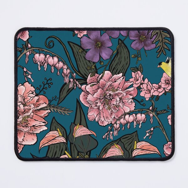 Item preview, Gothic Maximalist Goldfinch Floral Blush Violet on Peacock Blue designed and sold by Brittany Lane Allen.