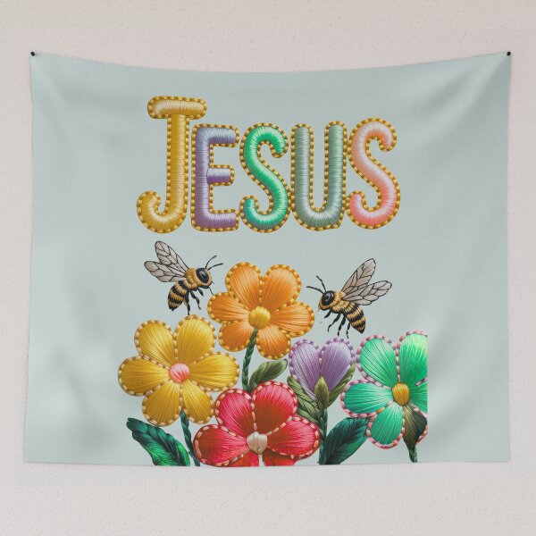 Item preview, Jesus Embroidery Art Pastel Flowers And Bees designed and sold by bAIryBarn.