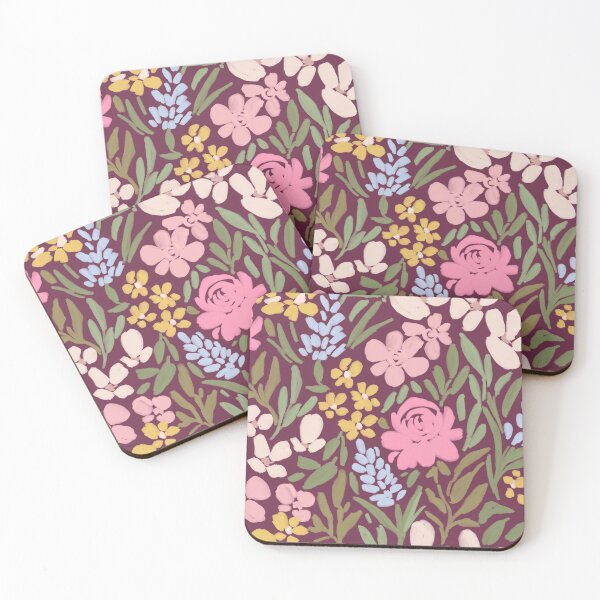 Item preview, Cute painterly loose colorful pastel pink yellow blue spring floral blooms on plum designed and sold by PrettywithColor.