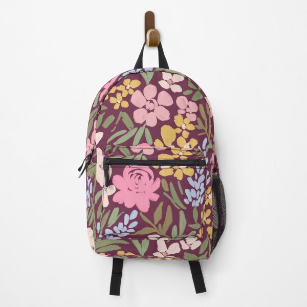 Item preview, Cute painterly loose colorful pastel pink yellow blue spring floral blooms on plum designed and sold by PrettywithColor.