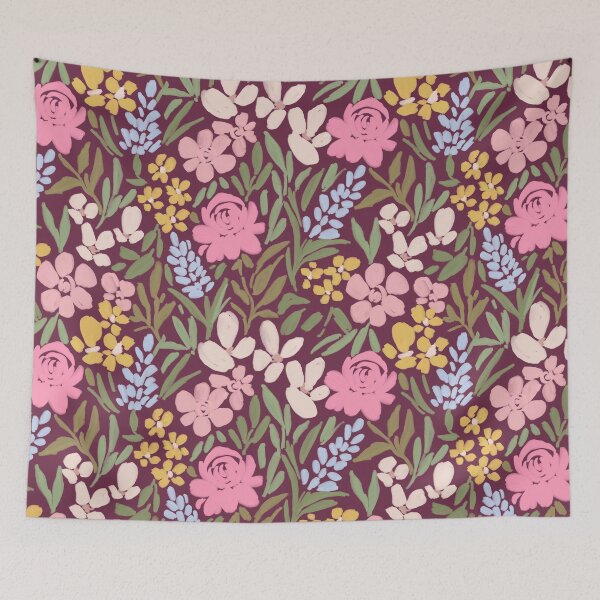 Item preview, Cute painterly loose colorful pastel pink yellow blue spring floral blooms on plum designed and sold by PrettywithColor.