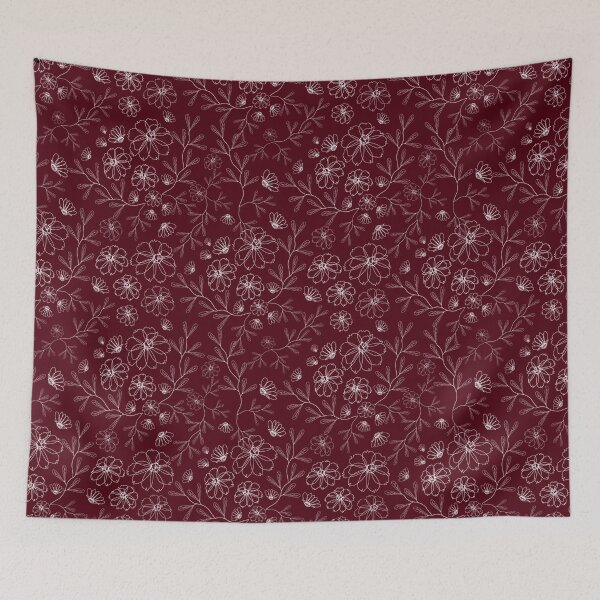Item preview, White flowers hand drawing with leaf on dark-red background designed and sold by Nonnipa.
