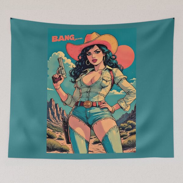 Aperçu de l'œuvre Cowgirl rétro avec revolver – Esthétique BD vintage créée et vendue par Neer arts.