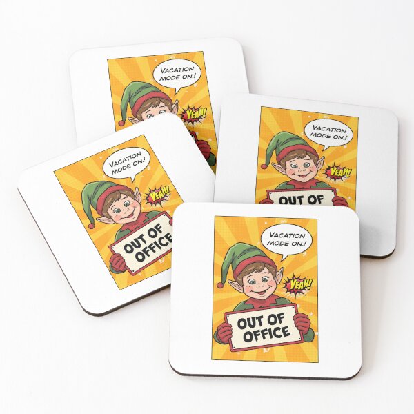 Item preview, Pop comic elf ver 1 holding “Out of Office” sign with snowflakes in background. Speech bubble: “Vacation mode on.” Pop Art Cartoon | Festive Holiday Humor Design designed and sold by mndesignworx.
