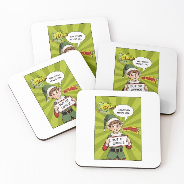 Item preview, Pop comic elf ver 2 holding “Out of Office” sign with snowflakes in background. Speech bubble: “Vacation mode on.” Pop Art Cartoon | Festive Holiday Humor Design designed and sold by mndesignworx.