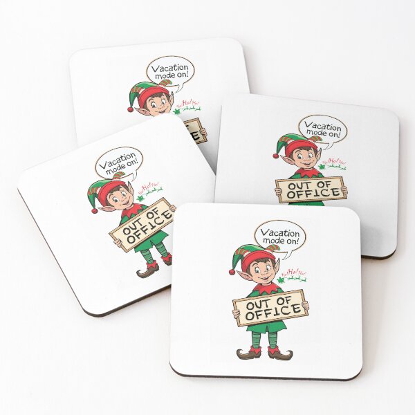 Item preview, Pop comic elf ver 3 holding “Out of Office” sign with santa and Reindeers in the background in background. Speech bubble: “Vacation mode on.” Pop Art Cartoon | Festive Holiday Humor Design designed and sold by mndesignworx.