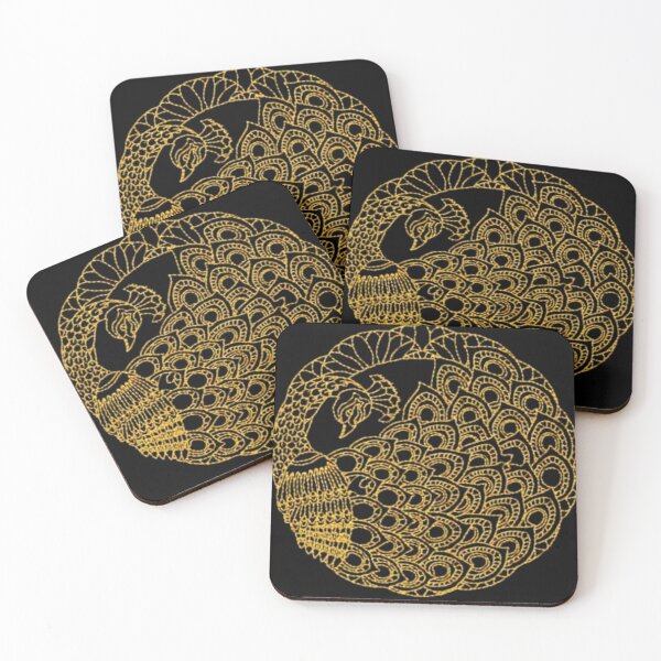 Item preview, Stylized Golden Peacock on Black Drawing  designed and sold by NivyasArtistry.
