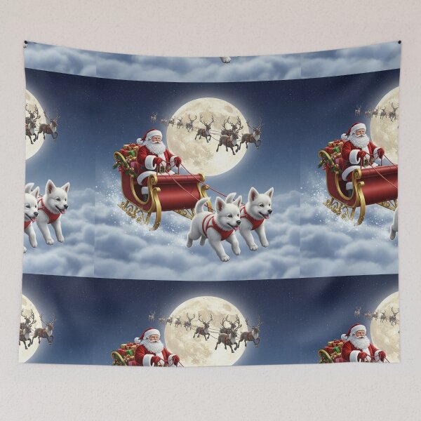 Item preview, Magical Santa Flying Through the Night Sky with Fluffy White Puppies – Enchanted Christmas Scene designed and sold by PixelVibe782.