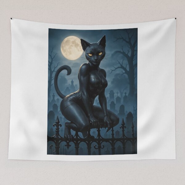 Item preview, Furry black cat woman perched on a fence designed and sold by CathryneDelamort.
