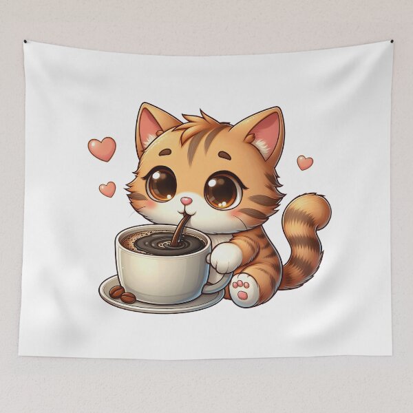 Item preview, Cute Coffee Kitty With Hearts – Kawaii Cat Drinking Coffee Cup designed and sold by Lulunza.