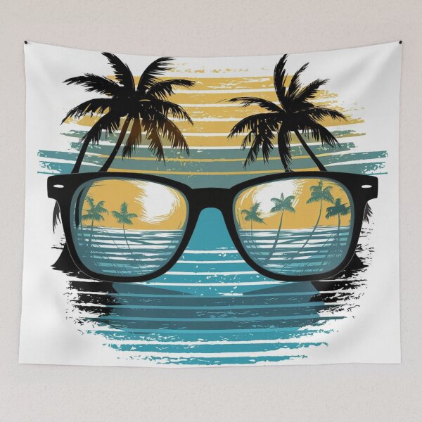 Item preview, T-shirt design ,Design of a pair of sunglasses, with reflection of sunny beach, palm trees and waves, vivid color palette with shades  designed and sold by gulka8.