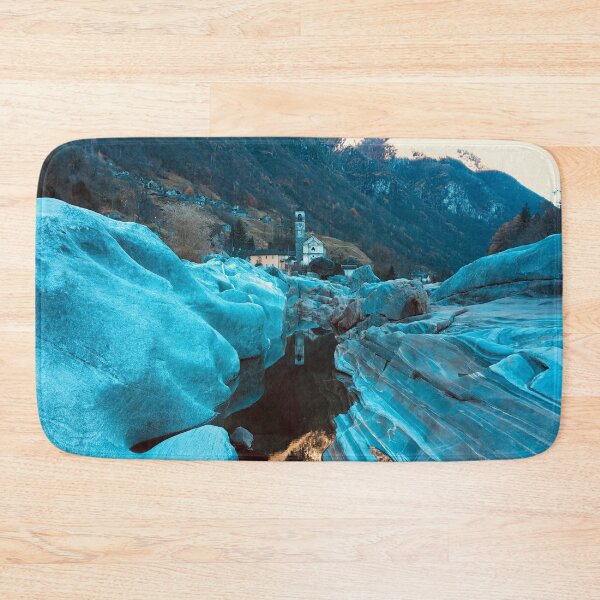 Item preview, Ticino Evening Gold – Church, River & Blue Rock Formations / Swiss Artwork Photography designed and sold by Raphael Wolf.
