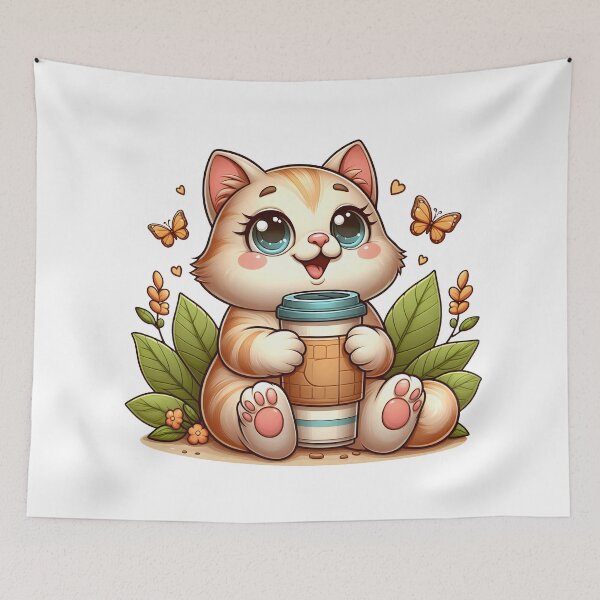 Item preview, Cute Cat With Coffee Cup – Kawaii Kitty Art – Cozy Morning Coffee Vibes designed and sold by Lulunza.