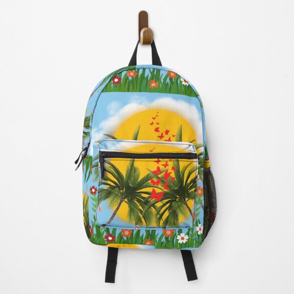 Item preview, Tropical Palm Tree With Sun, Butterflies & Flowers – Vibrant Paradise Illustration designed and sold by Love3Happy.