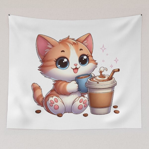Item preview, Kawaii Cat Barista – Cute Kitty With Hot Coffee – Cozy Cafe Artwork designed and sold by Lulunza.