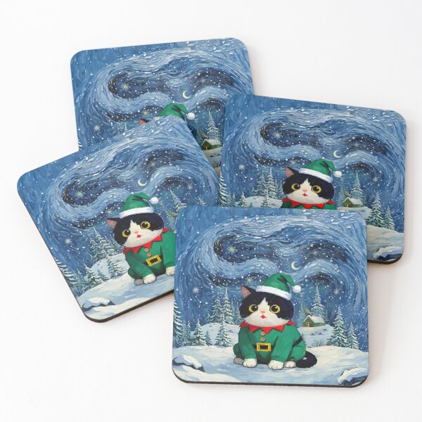 Item preview, Christmas Elf Cat in Snowy Starry Night designed and sold by Meow Gogh Painter Studio.
