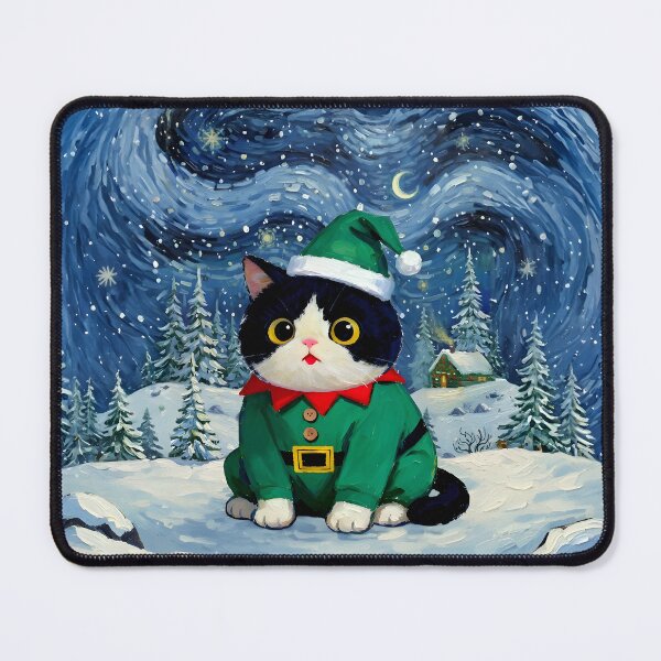 Item preview, Christmas Elf Cat in Snowy Starry Night designed and sold by Meow Gogh Painter Studio.