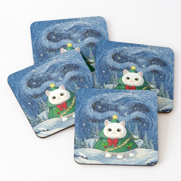 Item preview, Cute White Cat Christmas Tree in Starry Snowscape designed and sold by Meow Gogh Painter Studio.