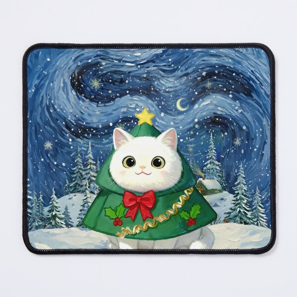 Item preview, Cute White Cat Christmas Tree in Starry Snowscape designed and sold by Meow Gogh Painter Studio.