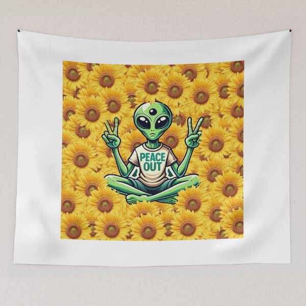 Item preview, Peaceful Alien with Sunflowers – Cute Space Hippie Art | Retro Cosmic Illustration designed and sold by mayarelshukairi.