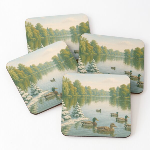 Item preview, Lago surreal com patos e pinheiros nevados designed and sold by Leonornature.
